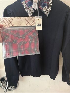 Sabine Navy Sweater with Detachable Red Plaid Collar